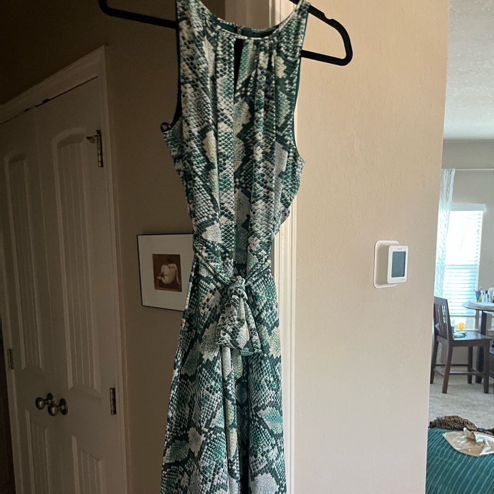 Tahari, snake skin, green, silk, flowy, tie waste, maxi dress! Like new size 14